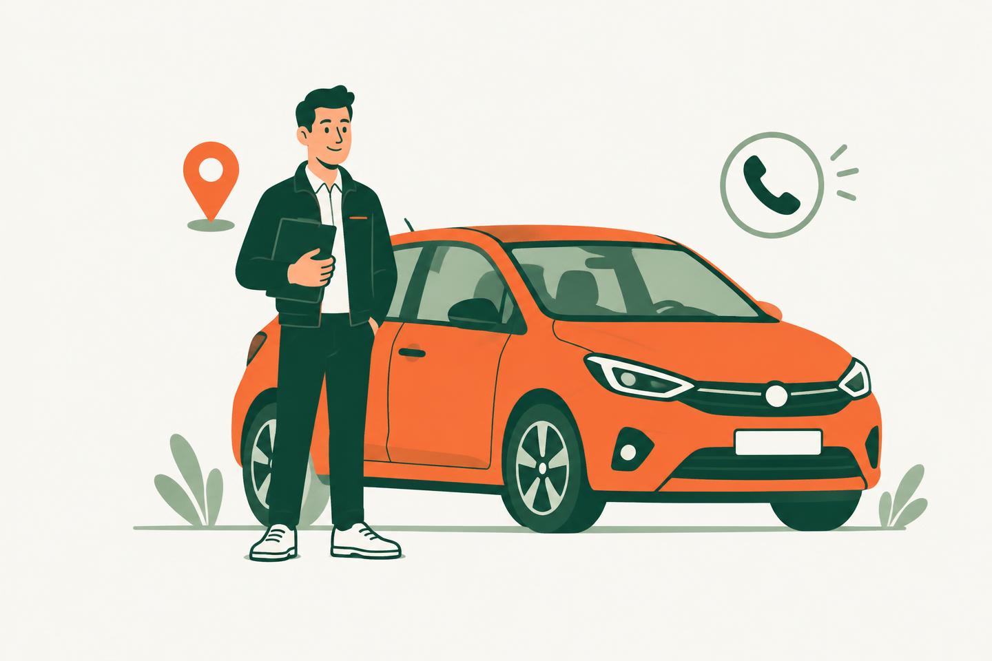 Illustration d’un agent automobile avec une voiture et son téléphone