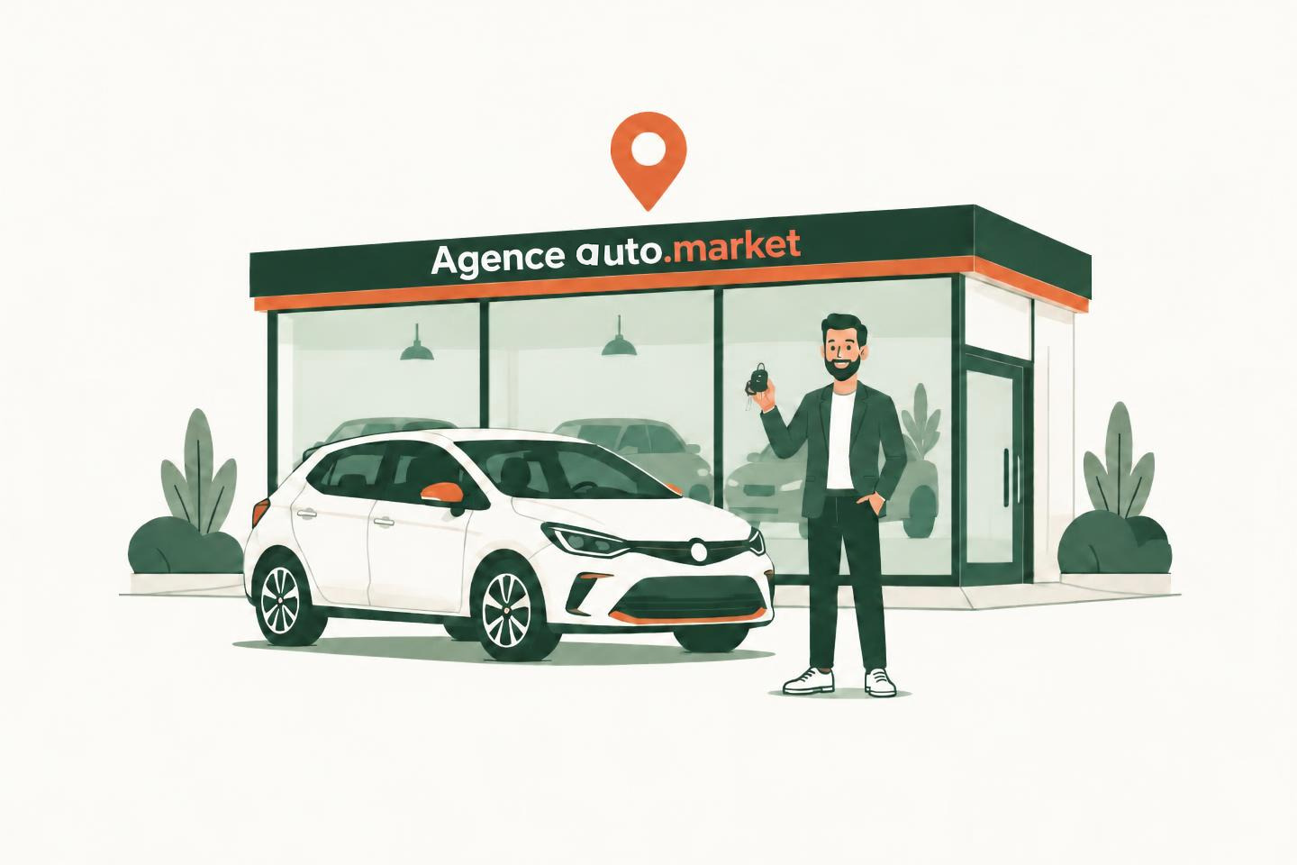 Illustration d’une agence Agence auto.market avec son responsable et un véhicule